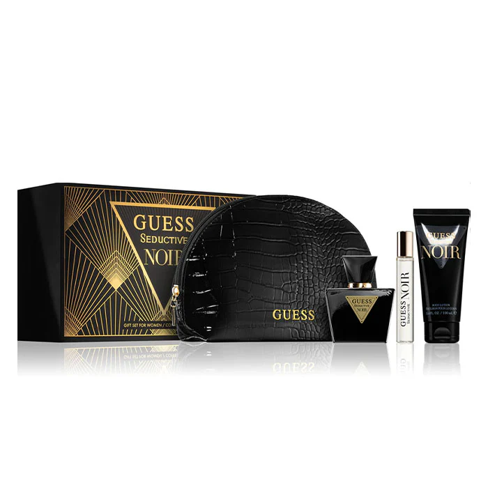 Guess Seductive Noir Set For Women Eau De Toilette 75ml + Travel Size 15ml +  Body Lotion 100ml + Pouch - Image 2